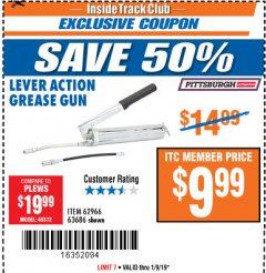 Harbor Freight ITC Coupon LEVER ACTION GREASE GUN Lot No. 63686/62966 Expired: 1/9/19 - $9.99