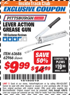 Harbor Freight ITC Coupon LEVER ACTION GREASE GUN Lot No. 63686/62966 Expired: 4/30/19 - $9.99
