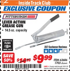 Harbor Freight ITC Coupon LEVER ACTION GREASE GUN Lot No. 63686/62966 Expired: 10/31/19 - $9.99