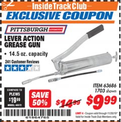 Harbor Freight ITC Coupon LEVER ACTION GREASE GUN Lot No. 63686/62966 Expired: 11/30/19 - $9.99