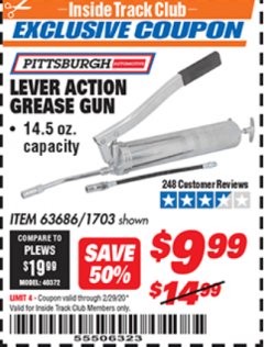 Harbor Freight ITC Coupon LEVER ACTION GREASE GUN Lot No. 63686/62966 Expired: 2/29/20 - $9.99