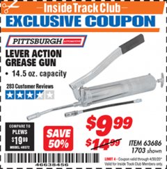 Harbor Freight ITC Coupon LEVER ACTION GREASE GUN Lot No. 63686/62966 Expired: 4/30/20 - $9.99