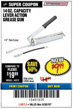 Harbor Freight Coupon LEVER ACTION GREASE GUN Lot No. 63686/62966 Expired: 9/30/18 - $9.99