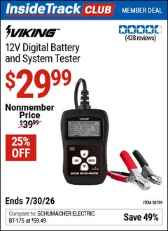 Harbor Freight ITC Coupon VIKING 12V DIGITAL BATTERY AND SYSTEM TESTER Lot No. 58759 Valid Thru: 7/30/26 - $29.99