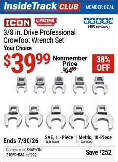 Harbor Freight ITC Coupon ICON 3/8 IN. DRIVE PROFESSIONAL CROWFOOT WRENCH SET, 10-PIECE Lot No. 56382/56381 Valid Thru: 7/30/26 - $39.99