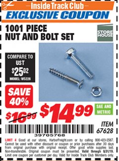 Harbor Freight ITC Coupon 1001 PIECE NUT AND BOLT SET Lot No. 67628 Expired: 8/31/19 - $14.99