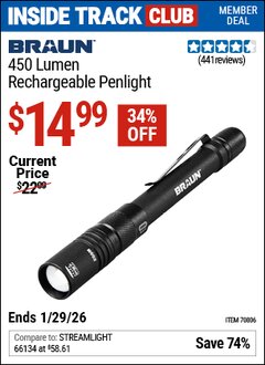 Harbor Freight ITC Coupon BRAUN 450 LUMEN RECHARGEABLE PENLIGHT Lot No. 70806 Valid Thru: 1/29/26 - $14.99