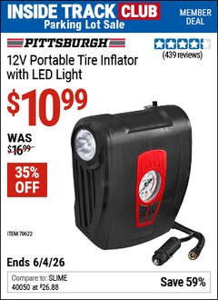Harbor Freight ITC Coupon PITTSBURGH 12V PORTABLE TIRE INFLATOR WITH LED LIGHT Lot No. 70622 Expired: 6/4/26 - $10.99