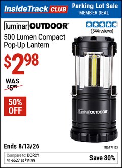 Harbor Freight ITC Coupon LUMINAR OUTDOOR 500 LUMEN COMPACT POP-UP LANTERN Lot No. 71153 Valid Thru: 8/13/26 - $2.98