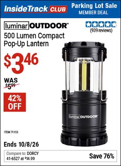 Harbor Freight ITC Coupon LUMINAR OUTDOOR 500 LUMEN COMPACT POP-UP LANTERN Lot No. 71153 Expired: 10/8/26 - $3.46