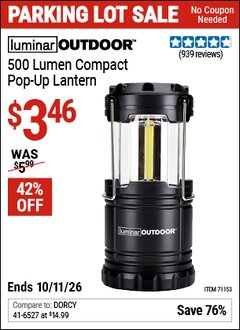 Harbor Freight Coupon LUMINAR OUTDOOR 500 LUMEN COMPACT POP-UP LANTERN Lot No. 71153 Valid Thru: 10/11/26 - $3.46