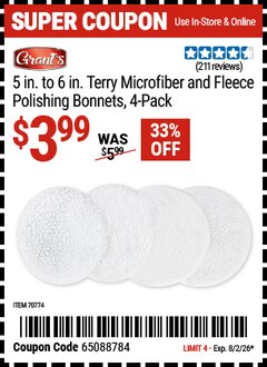 Harbor Freight Coupon GRANT'S 5 IN. TO 6 IN. TERRY MICROFIBER AND FLEECE POLISHING BONNETS, 4-PACK Lot No. 70774 Expired: 8/2/26 - $3.99