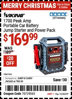 Harbor Freight Coupon VIKING 1700 PEAK AMP PORTABLE CAR BATTERY JUMP STARTER AND POWER PACK Lot No. 57044 Expired: 12/28/25 - $169.99