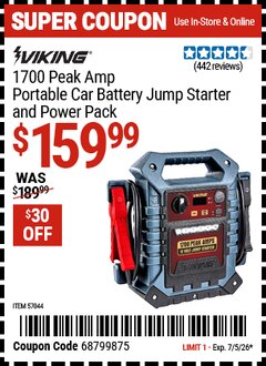 Harbor Freight Coupon VIKING 1700 PEAK AMP PORTABLE CAR BATTERY JUMP STARTER AND POWER PACK Lot No. 57044 EXPIRES: 7/5/26 - $159.99