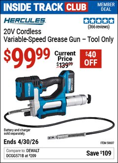 Harbor Freight Coupon HERCULES 20V CORDLESS VARIABLE-SPEED GREASE GUN Lot No. 58607 Valid: 12/31/69 - 4/30/26 - $99.99