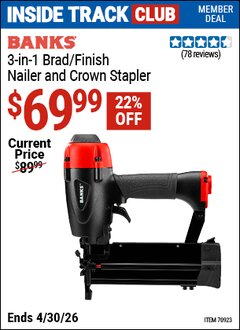 Harbor Freight ITC Coupon BANKS 3-IN-1 BRAD/FINISH NAILER AND CROWN STAPLER Lot No. 70923 Valid Thru: 4/30/26 - $69.99