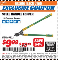 Harbor Freight ITC Coupon STEEL HANDLE LOPPER Lot No. 69822 Expired: 1/31/19 - $9.99