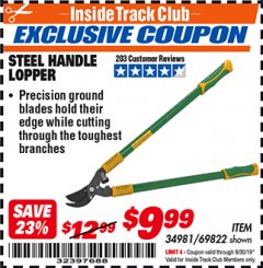Harbor Freight ITC Coupon STEEL HANDLE LOPPER Lot No. 69822 Expired: 9/30/19 - $9.99