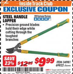 Harbor Freight ITC Coupon STEEL HANDLE LOPPER Lot No. 69822 Expired: 4/30/20 - $9.99