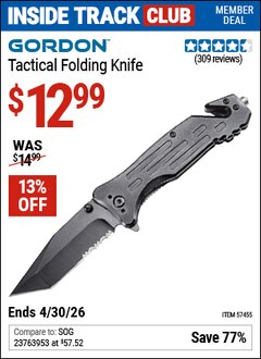 Harbor Freight ITC Coupon GORDON TACTICAL FOLDING KNIFE Lot No. 57455 Valid Thru: 4/30/26 - $12.99