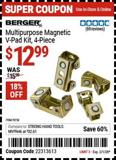Harbor Freight Coupon BERGER MULTIPURPOSE MAGNETIC V-PAD KIT, 4-PIECE Lot No. 70730 EXPIRES: 2/1/26 - $12.99