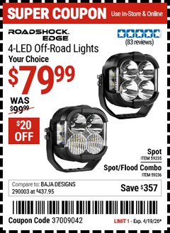 Harbor Freight Coupon ROADSHOCK EDGE 4-LED OFF-ROAD LIGHT Lot No. 59235/59236 Expired: 4/19/26 - $79.99