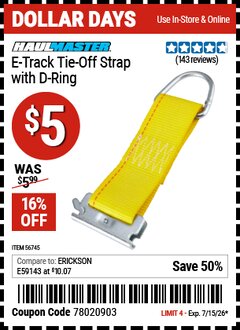 Harbor Freight Coupon HAUL-MASTER E-TRACK TIE-OFF STRAP WITH D-RING Lot No. 56745 Valid Thru: 7/15/26 - $5