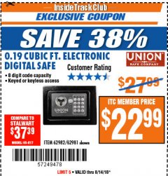 Harbor Freight ITC Coupon 0.19 CUBIC FT. ELECTRONIC DIGITAL SAFE Lot No. 62240/94985/62982/62981 Expired: 8/14/18 - $22.99
