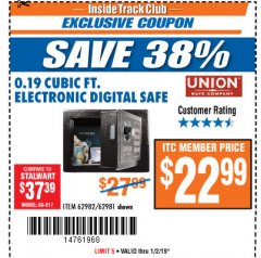 Harbor Freight ITC Coupon 0.19 CUBIC FT. ELECTRONIC DIGITAL SAFE Lot No. 62240/94985/62982/62981 Expired: 1/2/19 - $22.99