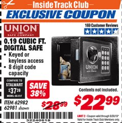 Harbor Freight ITC Coupon UNION SAFE COMPANY 0.19 CU. FT. ELECTRONIC DIGITAL SAFE Lot No. 62981/62982 Expired: 9/30/19 - $22.99