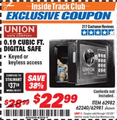 Harbor Freight ITC Coupon 0.19 CUBIC FT. ELECTRONIC DIGITAL SAFE Lot No. 62240/94985/62982/62981 Expired: 1/31/20 - $22.99