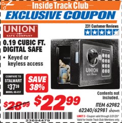 Harbor Freight ITC Coupon 0.19 CUBIC FT. ELECTRONIC DIGITAL SAFE Lot No. 62240/94985/62982/62981 Expired: 3/31/20 - $22.99