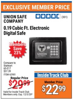 Harbor Freight ITC Coupon 0.19 CUBIC FT. ELECTRONIC DIGITAL SAFE Lot No. 62240/94985/62982/62981 Expired: 12/3/20 - $22.99