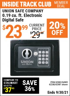 Harbor Freight ITC Coupon 0.19 CUBIC FT. ELECTRONIC DIGITAL SAFE Lot No. 62240/94985/62982/62981 Expired: 9/30/21 - $23.99