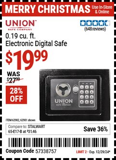 Harbor Freight Coupon UNION SAFE COMPANY 0.19 CU. FT. ELECTRONIC DIGITAL SAFE Lot No. 62981/62982 Expired: 12/29/24 - $19.99