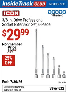 Harbor Freight ITC Coupon ICON 3/8 IN. DRIVE PROFESSIONAL SOCKET EXTENSION SET, 6-PIECE Lot No. 58274 Valid Thru: 7/30/26 - $29.99