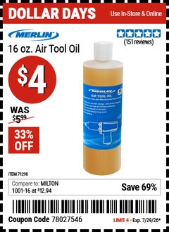 Harbor Freight Coupon MERLIN 16 OZ. AIR TOOL OIL Lot No. 71298 Valid Thru: 7/29/26 - $4