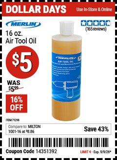 Harbor Freight Coupon MERLIN 16 OZ. AIR TOOL OIL Lot No. 71298 Valid Thru: 9/9/26 - $5
