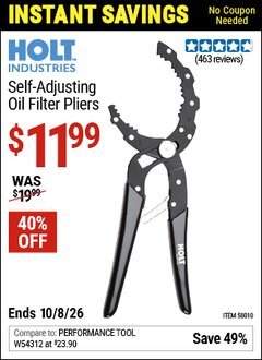 Harbor Freight Coupon HOLT INDUSTRIES SELF-ADJUSTING OIL FILTER PLIERS Lot No. 58010 Valid Thru: 10/8/26 - $11.99