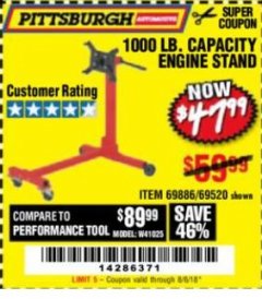 Harbor Freight Coupon 1000 LB. CAPACITY ENGINE STAND Lot No. 32916/69886/69520 Expired: 8/6/18 - $47.99