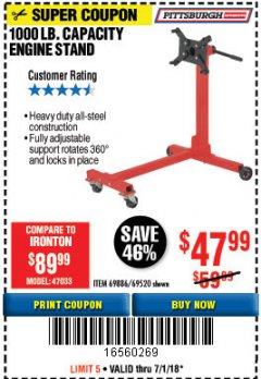Harbor Freight Coupon 1000 LB. CAPACITY ENGINE STAND Lot No. 32916/69886/69520 Expired: 7/1/18 - $47.99