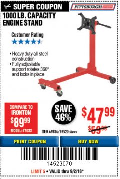 Harbor Freight Coupon 1000 LB. CAPACITY ENGINE STAND Lot No. 32916/69886/69520 Expired: 9/2/18 - $47.99