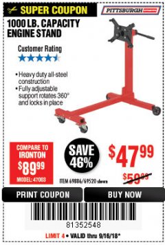 Harbor Freight Coupon 1000 LB. CAPACITY ENGINE STAND Lot No. 32916/69886/69520 Expired: 9/16/18 - $47.99