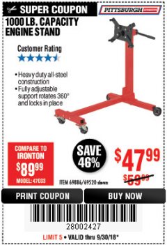 Harbor Freight Coupon 1000 LB. CAPACITY ENGINE STAND Lot No. 32916/69886/69520 Expired: 9/30/18 - $47.99