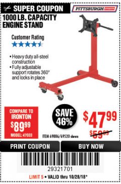 Harbor Freight Coupon 1000 LB. CAPACITY ENGINE STAND Lot No. 32916/69886/69520 Expired: 10/28/18 - $47.99
