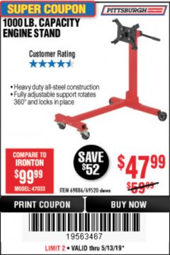 Harbor Freight Coupon 1000 LB. CAPACITY ENGINE STAND Lot No. 32916/69886/69520 Expired: 5/13/19 - $47.99