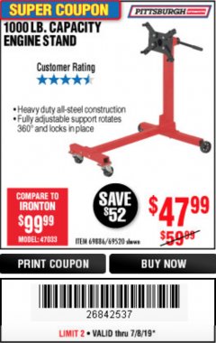 Harbor Freight Coupon 1000 LB. CAPACITY ENGINE STAND Lot No. 32916/69886/69520 Expired: 7/7/19 - $47.99