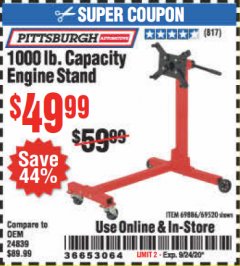 Harbor Freight Coupon 1000 LB. CAPACITY ENGINE STAND Lot No. 32916/69886/69520 Expired: 9/24/19 - $49.99