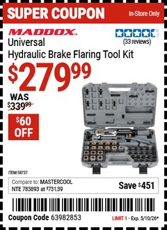 Harbor Freight Coupon MADDOX UNIVERSAL HYDRAULIC BRAKE FLARING TOOL KIT Lot No. 58737 Expired: 5/10/26 - $279.99