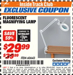 Harbor Freight ITC Coupon FLUORESCENT MAGNIFYING LAMP Lot No. 60643/66384/34018 Expired: 8/31/18 - $29.99